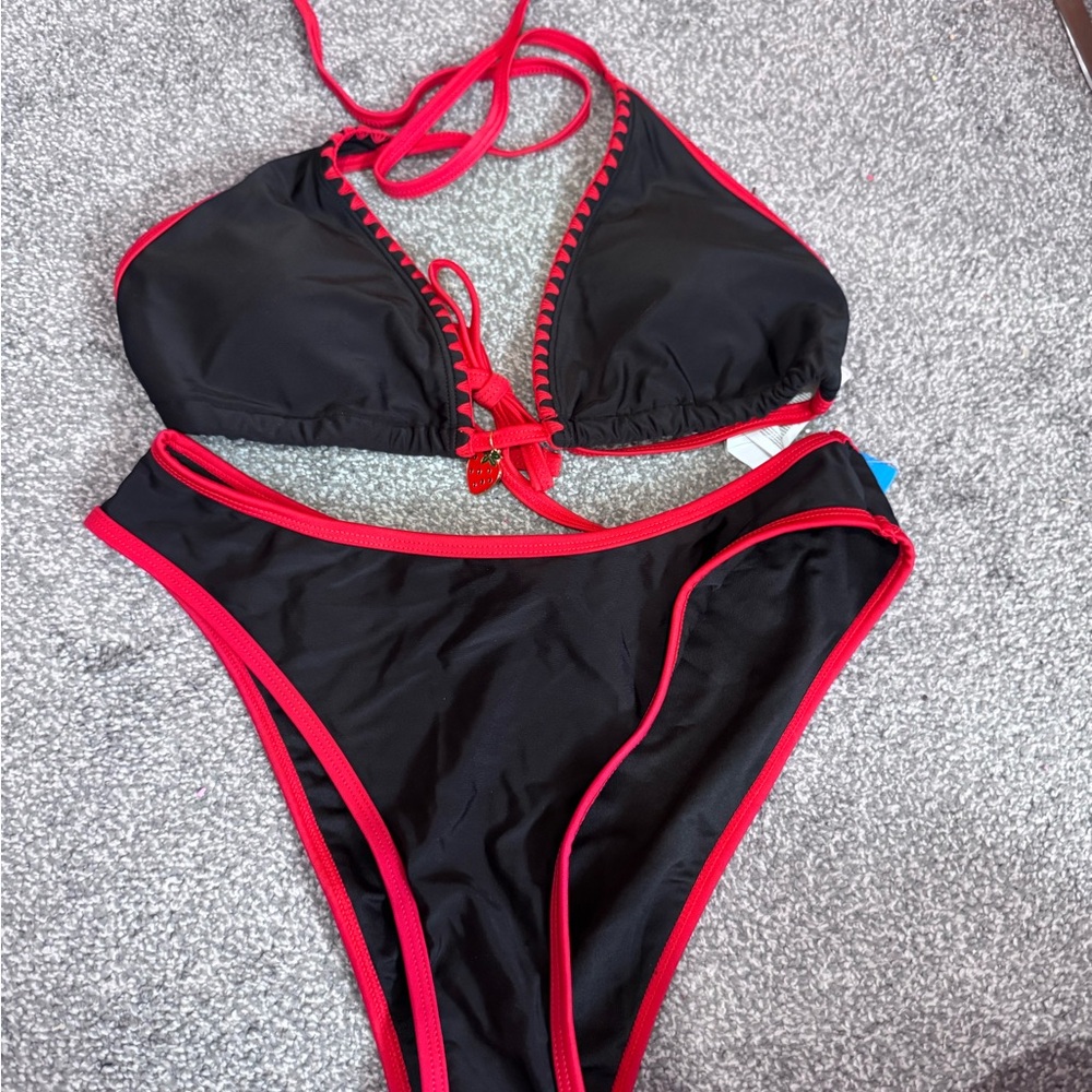 Cupshe Black Bikini with Red Trim - Two-Piece Swim Set